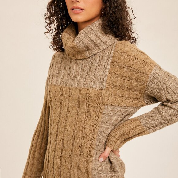 HEM & THREAD Chunky Cable Knit Turtleneck Sweater, Two-Tone Neutral Brown Beige - Picture 4 of 8